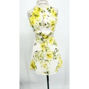 Fragile yellow lemon floral summer dress waist cut